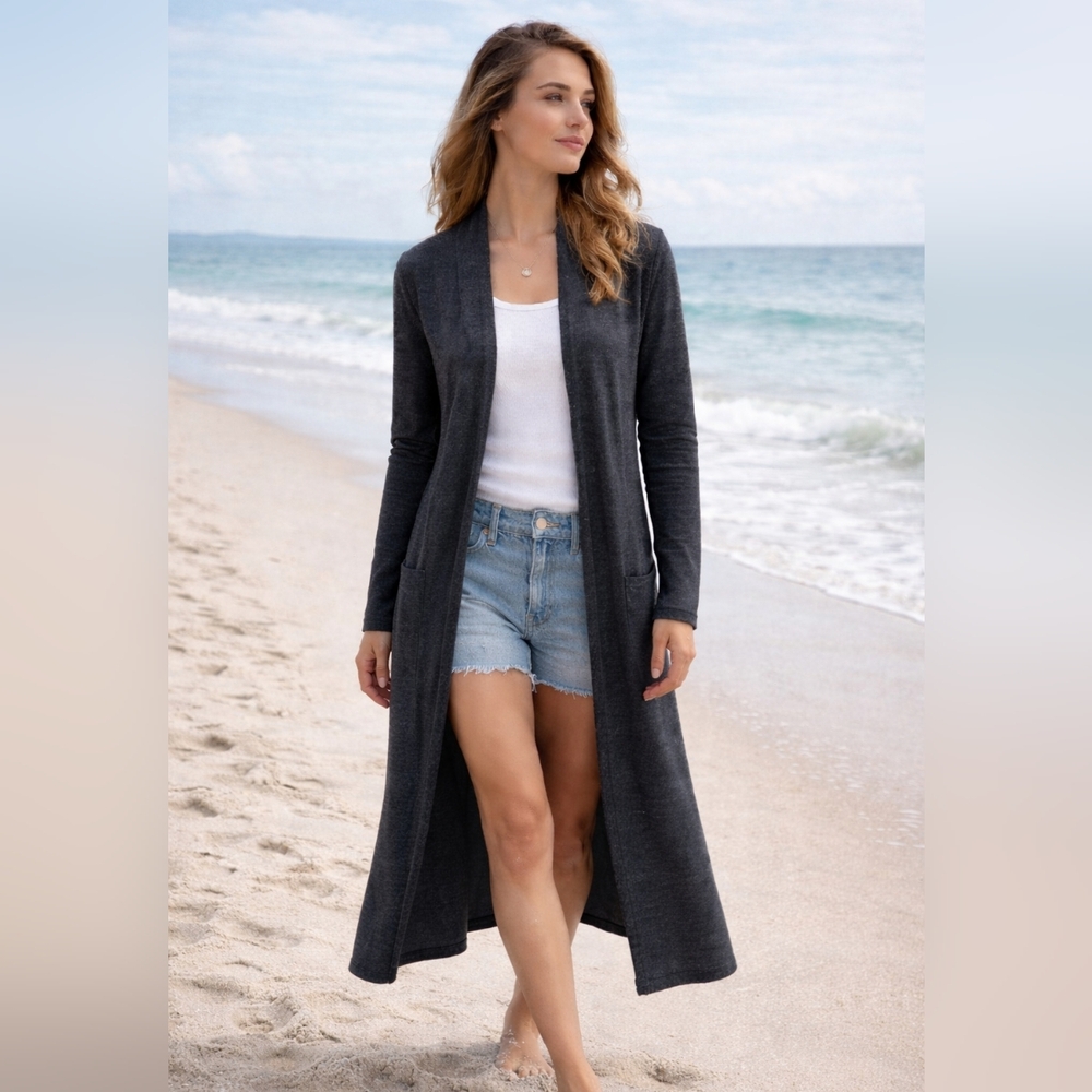 Free People FP Beach Gray Long Duster Cardigan Open Front Coastal Boho Chic XS